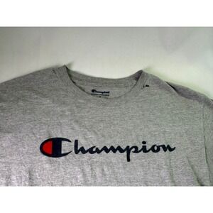 Champion Mens Script Logo Graphic T-Shirt Heather Grey Size M Distressed